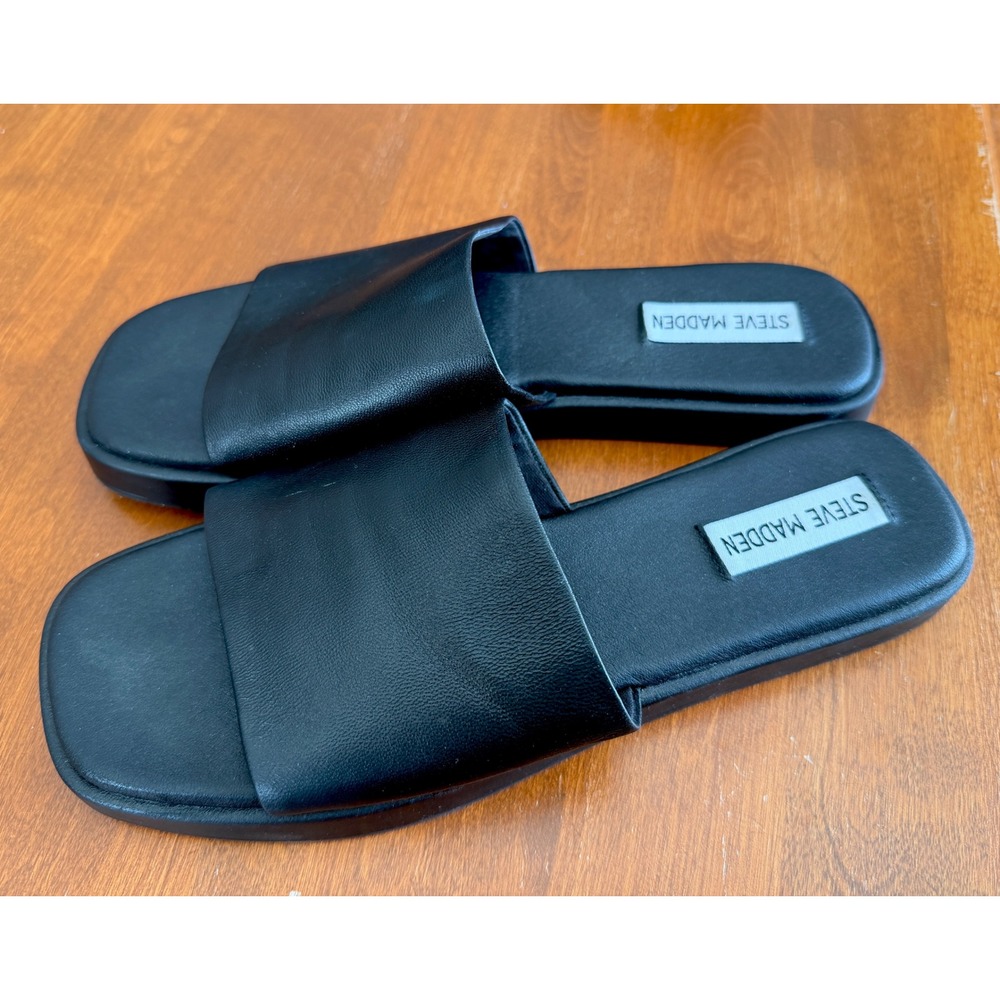 Steve Madden 90s Y2K Style Holmes Leather Slide Flat Sandals Minimalist Black 8 - Picture 3 of 6